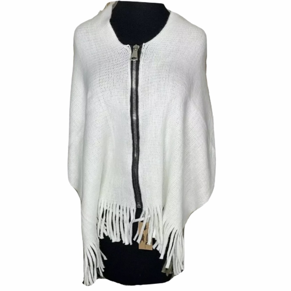 New Two In One Poncho Scarf Brown White Fringe